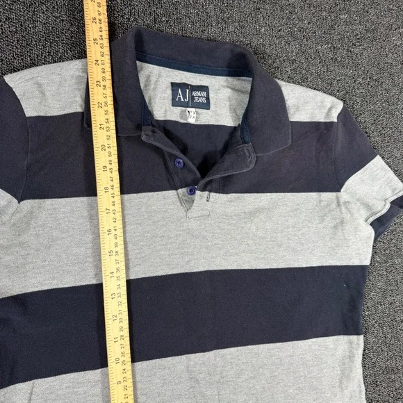 Armani Jeans Mens XL Polo Shirt Navy Blue Grey Striped Big Spellout Graphic Y2K - Picture 4 of 9